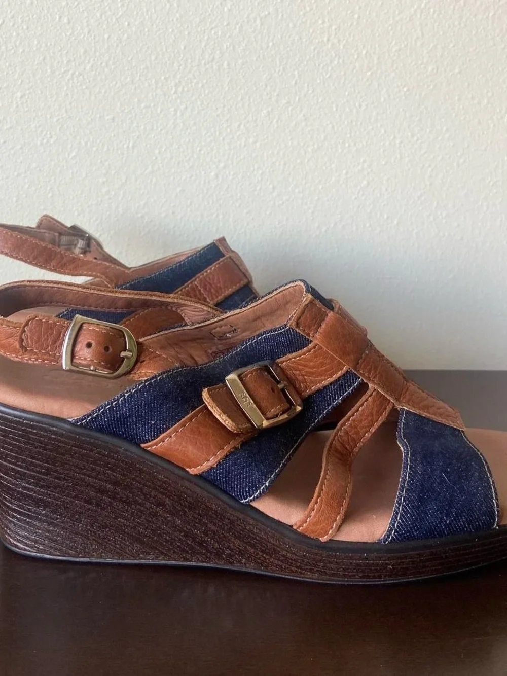SAS Layla T-Strap Wedge Leather and Denim Slingback Sandals
